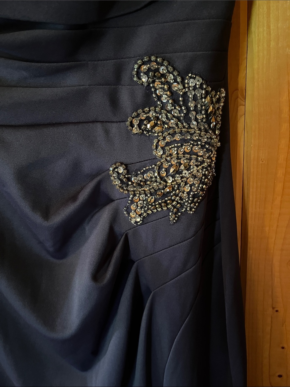 Oleg Cassini Navy Off-Shoulder gown with Beaded Applique - Picture 3 of 8